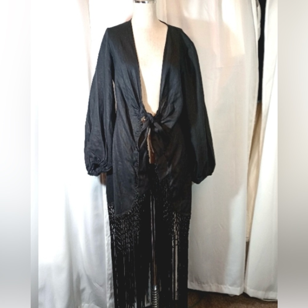 Zara New Maxi Cardigan, Wrap,Waist Tie,Black V-Neck,Long Sleeve,Tassels, Women,L